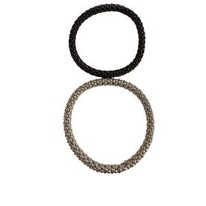 Set of 2 Textured Beaded Stretch Bracelets Silver and Gunmetal Black Metallic